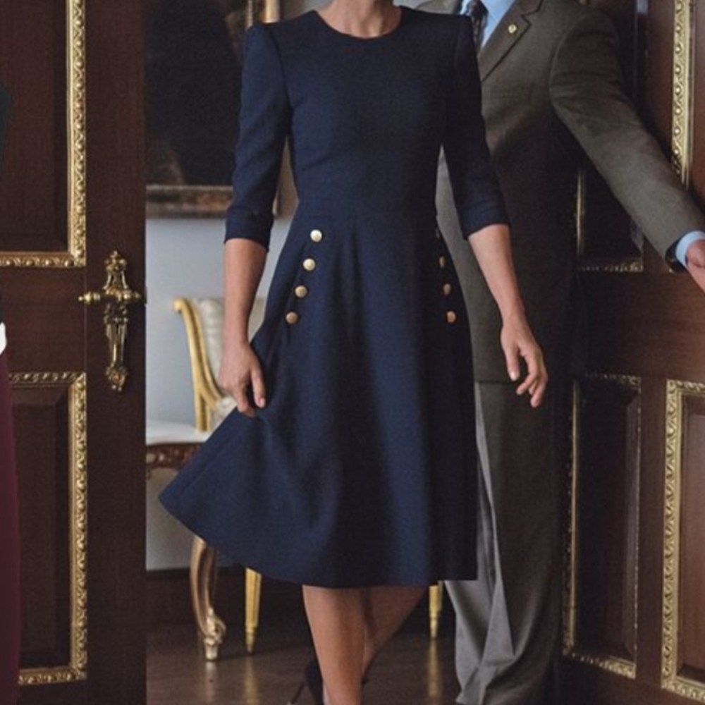 Elegant Navy Blue Dress with Gold Accents